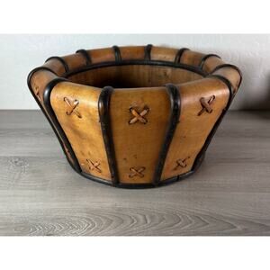 Vintage Rustic Wood & Leather Laced Basket Handcrafted Planter Bowl 16” Diameter